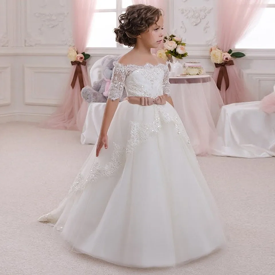 Elegant Vestido de Primera Communion Romance Lace Up Cap Sleeve Lace Appliques Sash Bow Soft Tulle Ball Gown SL-F300