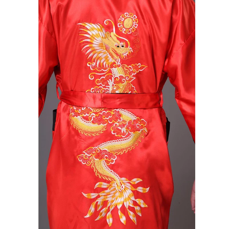 Reversible Black Yellow Chinese Men\'s Satin Robe Gown Tradition Embroider Dragon Sleepwear Kimono Bathrobe S M L XL XXL XXXL