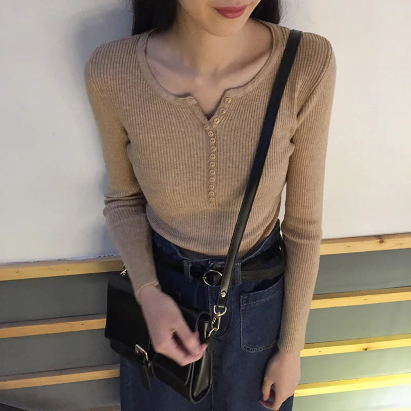 New 2023 Spring Button V Neck Sweater Women Basic Slim Knitted Pullover Women Sweaters And Pullovers Knit Jumper Ladies Sweater