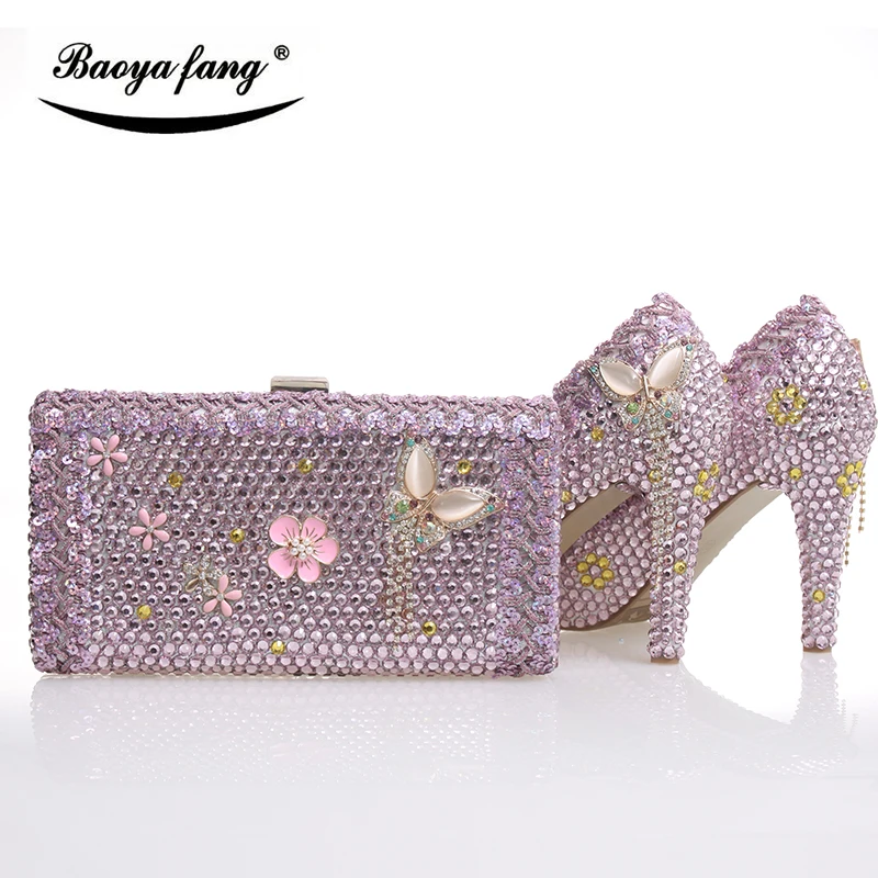 New arrival Pink crystal womens wedding shoes with matching bags real leather insole Platform shoes and purse free shipping