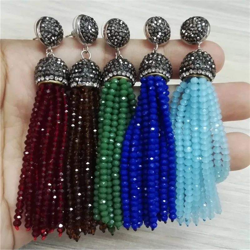 Original Handmade Bohemia Wire Red Green Blue Brown Beads Long Tassel Drop Dangle Black Rhinestone Connector Earrings For Women