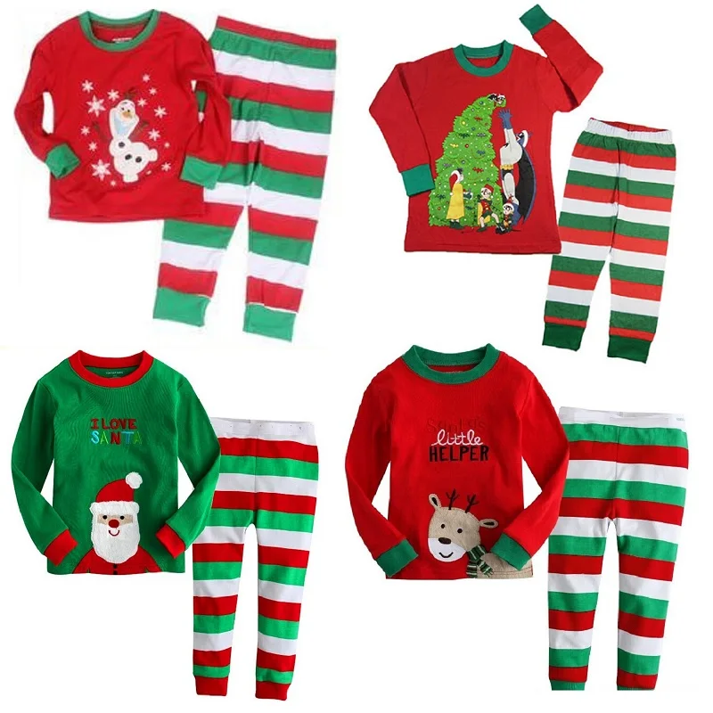 Hooyi Boys Christmas Pajamas 100% Cotton Children Red Santa T-Shirt Green Red White Striped Trouser Girls Sleepwear Tree Clothes