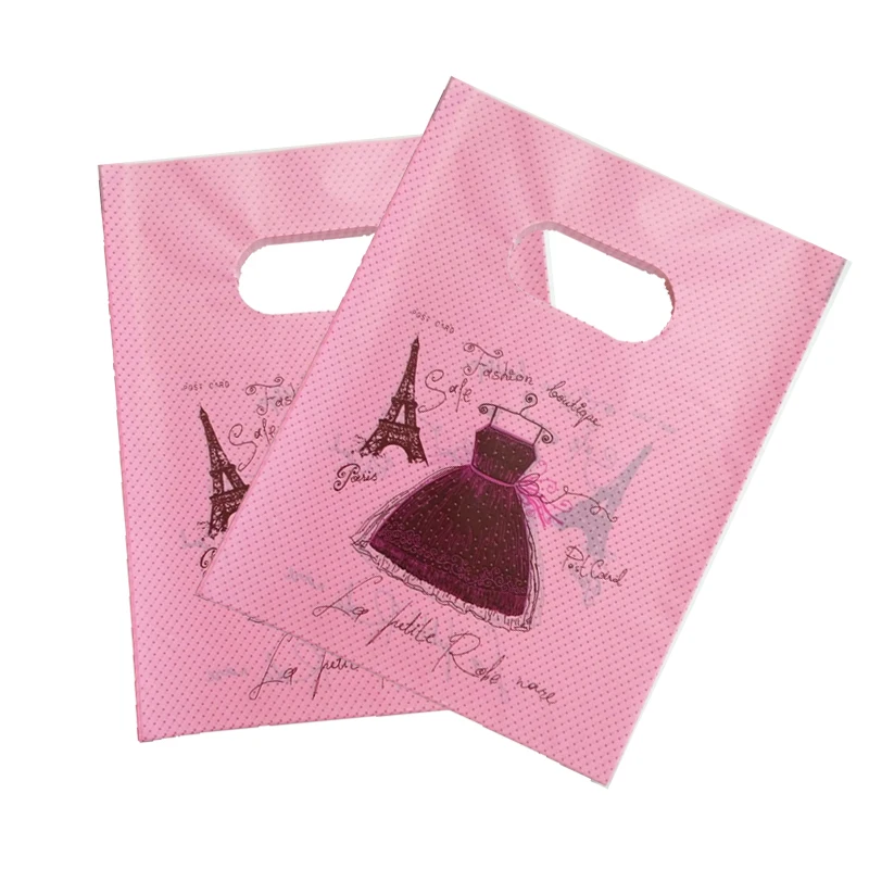 

100pcs/lot 15x20cm Dress Design Pink Plastic Bags Favor Jewelry Pouches Small Candy Charms Packaging Gift Bag With Handle