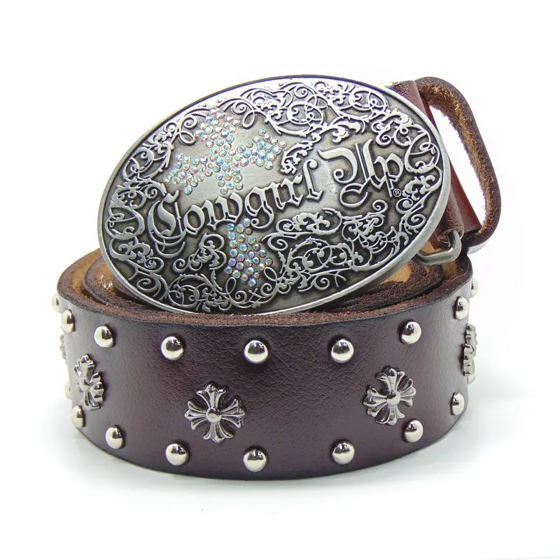 Western Cowgirl Women Belt Cross Concho Genuine Leather Brown Wide Belt for Women Oval Buckle Fashion Casual Appral Accessories