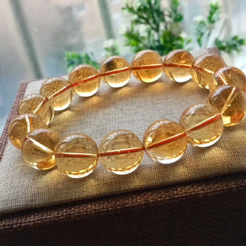 

14mm Natural Yellow Citrine Crystal Bracelet For Woman Lady Man Wealth Wealth Gift Round Beads Clear Gemstone Strands AAAAA