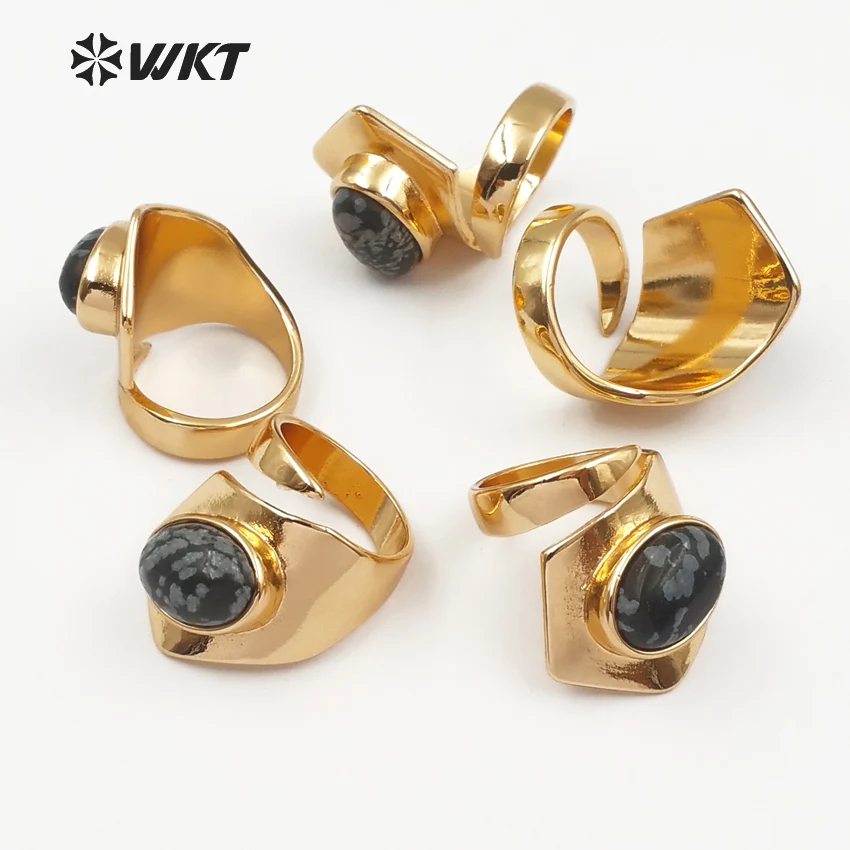 WT-R307 Natural Oval Shape Snow Flake Stone Ring With Gold Electroplated Special Design Women Jewelry Ring Can Adjust