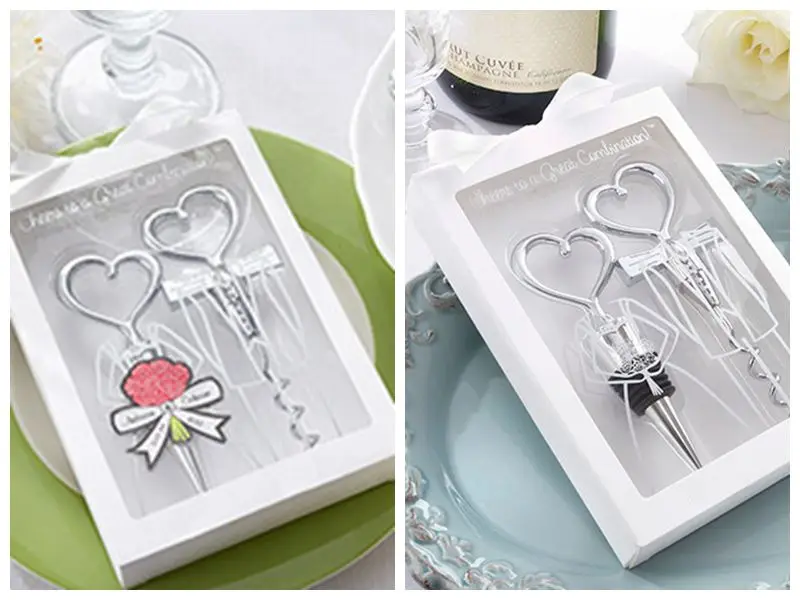 

20Pcs/lot=10Boxes Heart Love Bride and Groom Wine Opener and Stopper Wedding gift favors in white gift box For wedding souvenirs