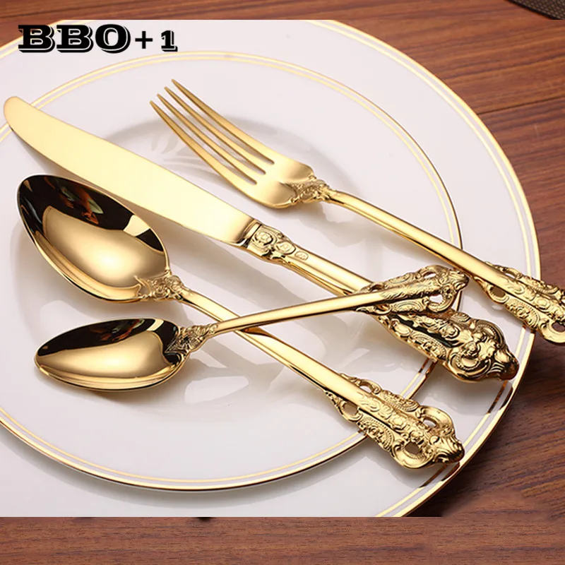 3-24pcs Luxury Golden Cutlery Vintage Tableware Gold Plated Wedding Dinnerware Stainless Steel Dining Knife Fork Spoon Teaspoon