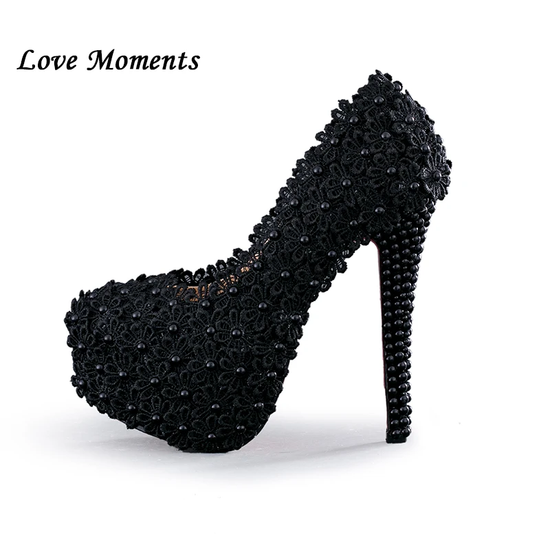 Black flowers Pearl bridal shoes 11cm/14cm High heels round toe fashion women's wedding shoes Ladies Summer Party Pumps female