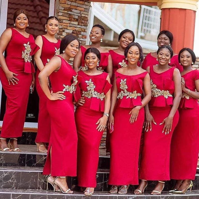 

Elegant Ankle Length Bridesmaid Dress O-Neck Red Satin Maid Of Honor Dress With Gold Appliques Back Split Wedding Party Dress