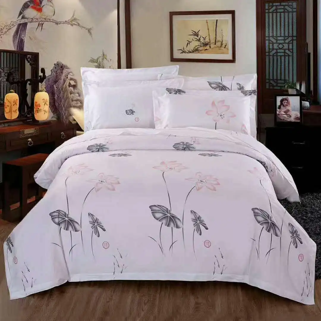 Modern Lotus Cotton Printed Flower Bedding Set Wedding Bamboo Printing Flat Bed Sheet set Duvet Cover Pillowcase Queen King 4pcs