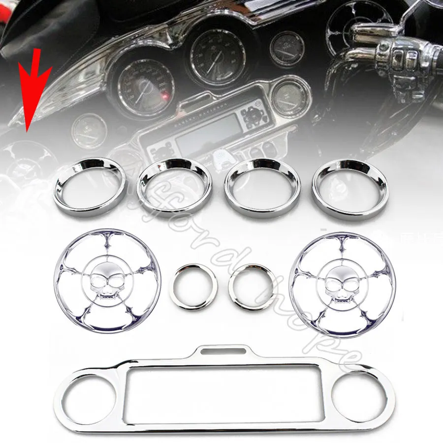 

Chrome Skull Speaker Trim Ring Stereo Accent Speedometer Cover 9pcs For Harley Ultra Classic Touring Electra Glide 1996-2013