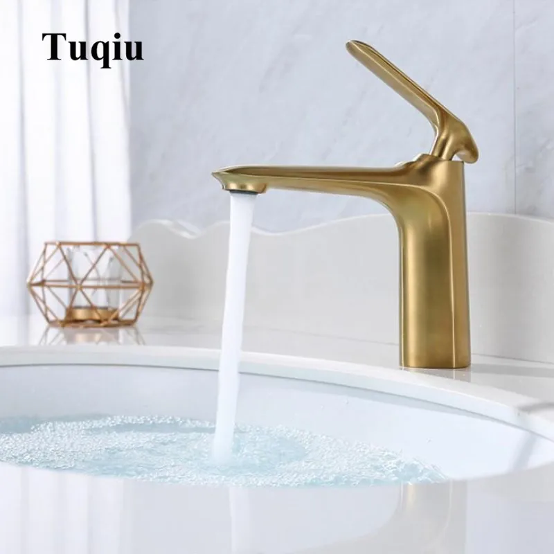 

Basin Faucet Water Tap Bathroom Faucet Solid Brass Brush Gold Brass Cold & Hot Water Single Handle Water Sink Tap Mixer