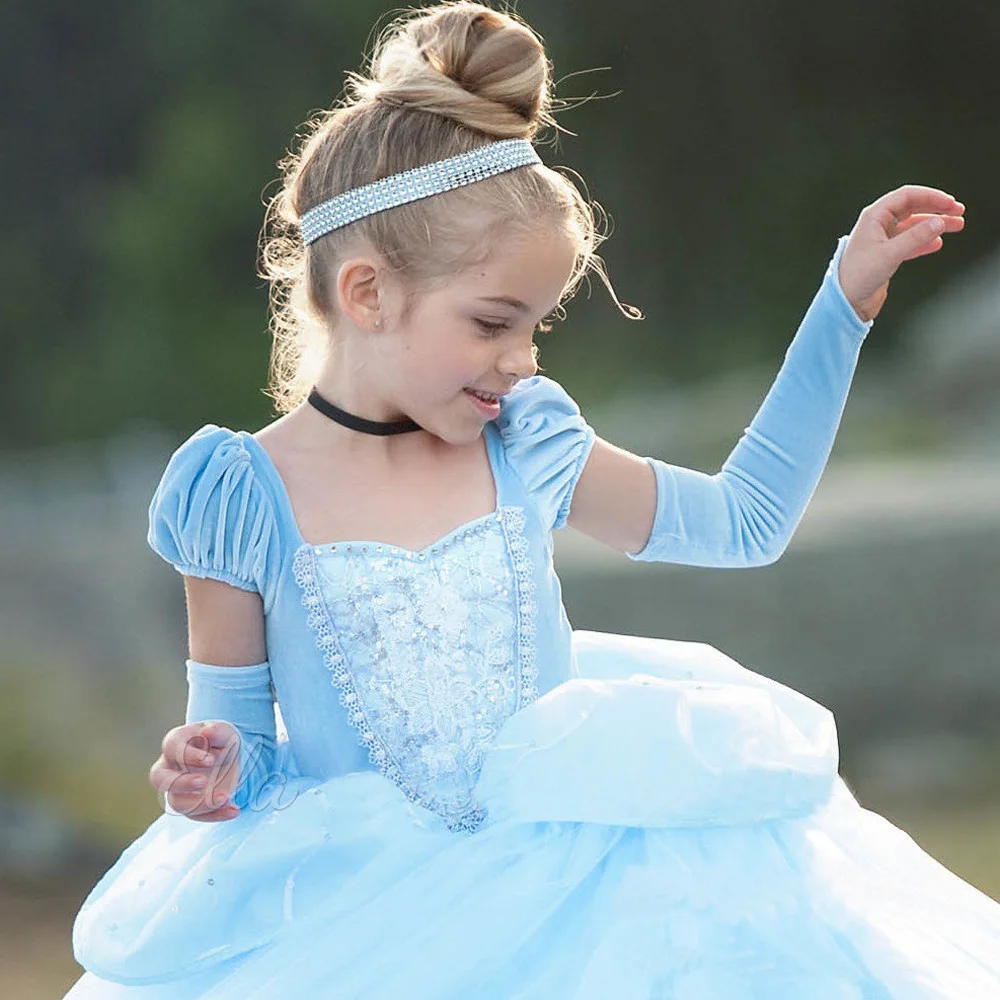 Girls Cinderella Dress up Cosplay Costumes Kids Puff Sleeve Embroidery Blue Clothes Child Christmas Birthday Princess Dresses