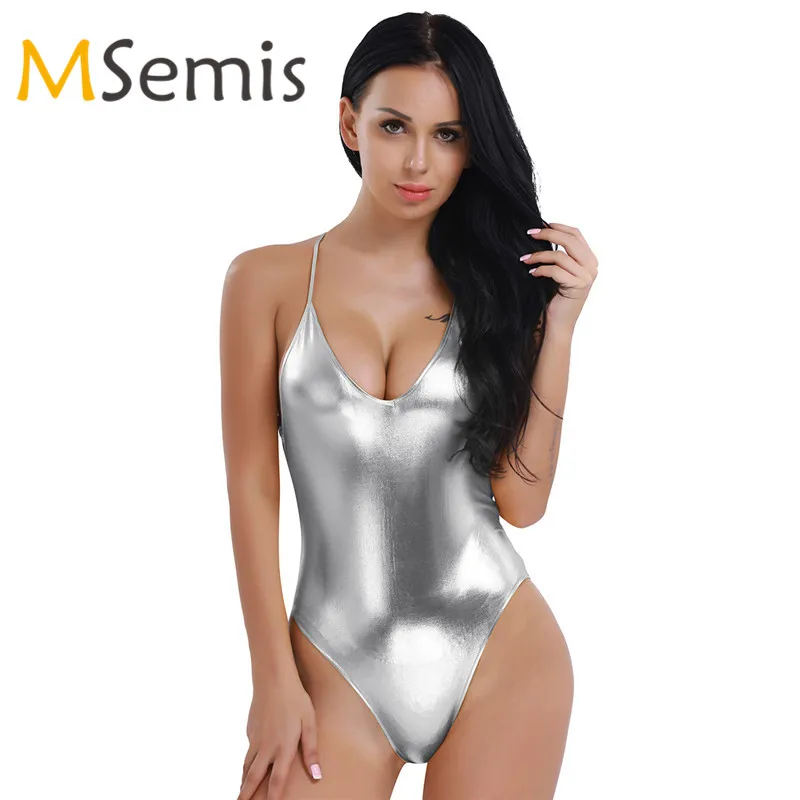 Women\'s Shiny Monokini Swimsuit Thong Swimwear Thong Swimming Suit Bodycon Swim Bodysuit Gymnastics Leotard Ballet Dance Costume