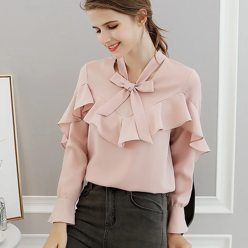 Camisa feminina chiffon de manga comprida, blusa com laço de cor pura elegante feminina para primavera e verão h9080