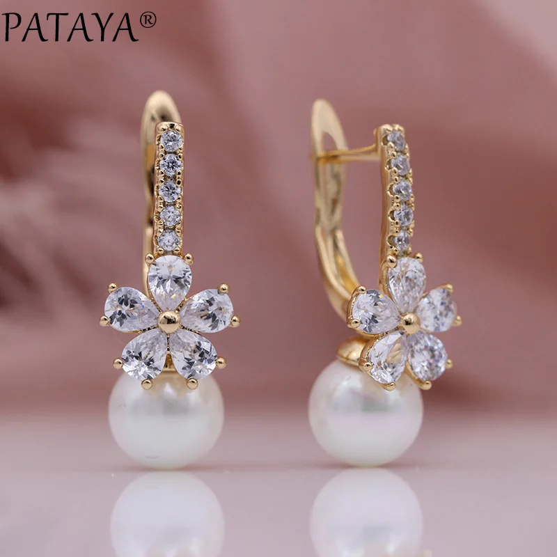 PATAYA New White Shell Pearls Dangle Earrings 585 Rose Gold Color Multicolor Drop Natural Zircon Women Wedding Fashion Jewelry