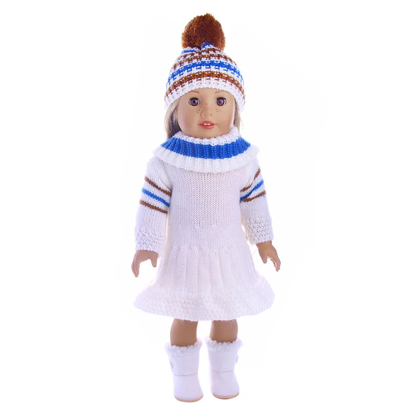 Doll Clothes 2 Pcs Sweater+Knitted Hat & Plush Boots For 18 Inch American Doll & 43 Cm Born Doll For Generation Girl`s Christmas