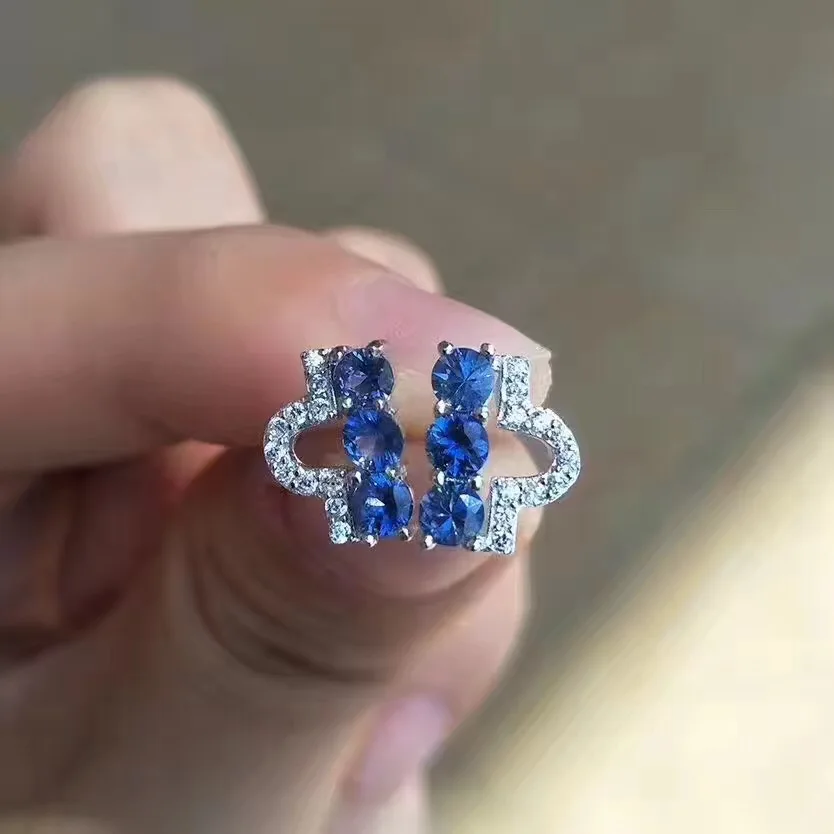 Blue sapphire stud earring Natural real sapphire 925 sterling silver Free shipping 3*3mm 6pcs gemstnoe