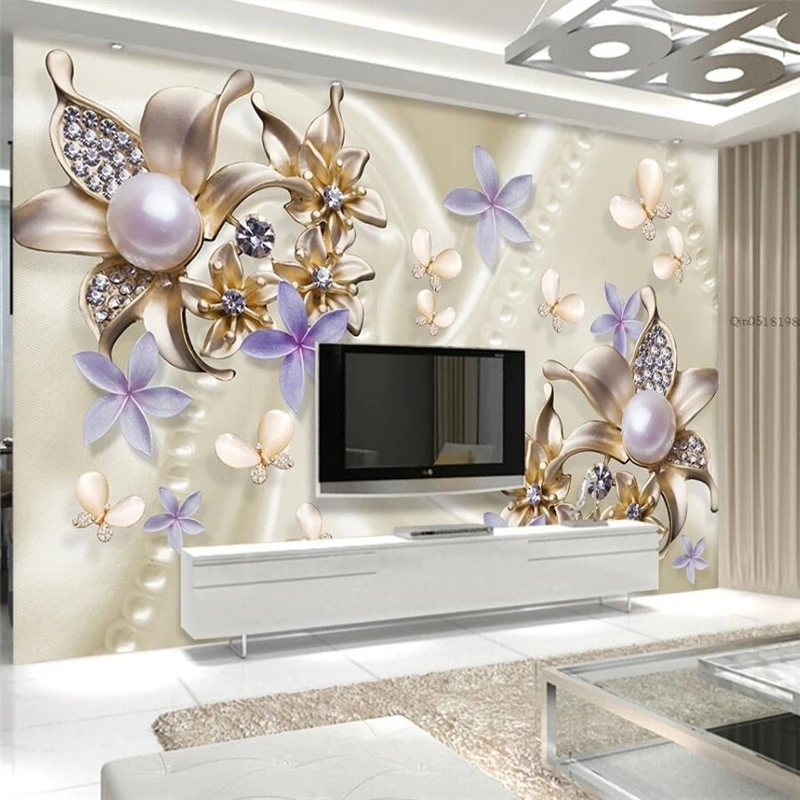 

wellyu Pearl Diamond Flower Butterfly Romantic TV Wall Custom Large Mural Green Wallpaper papel de parede para quarto