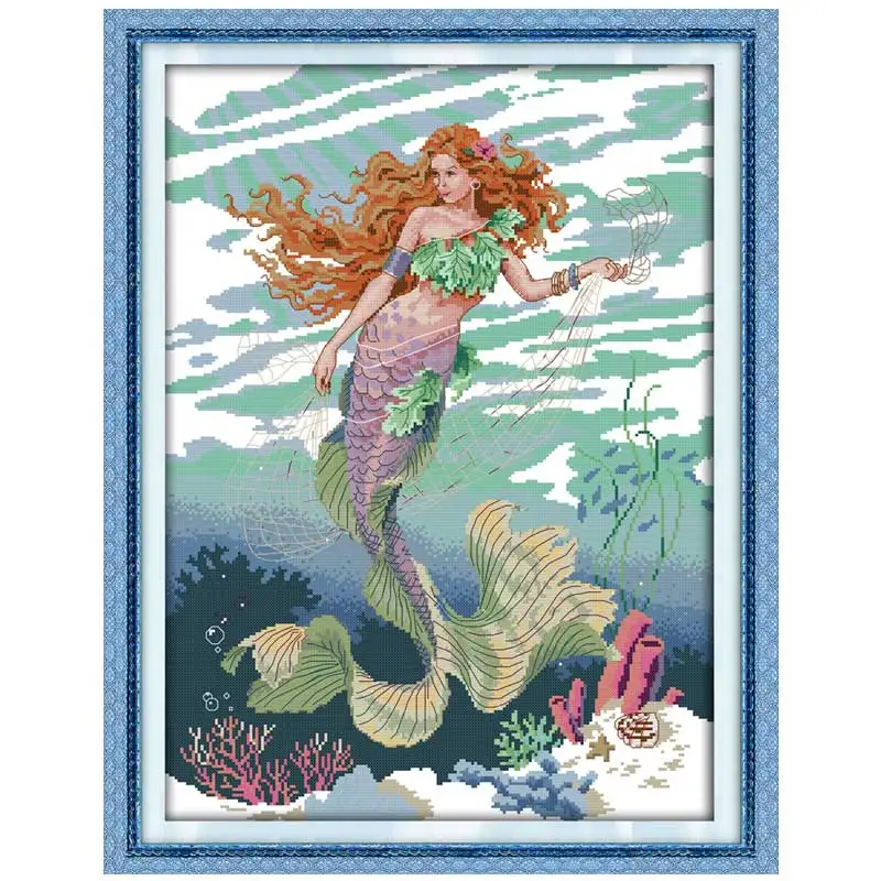 Joy Sunday Mermaid (5) Patterns Counted Cross Stitch Set DIY 11CT 14CT 16CT Stamped DMC Cross-stitch Kit Embroidery Needlework