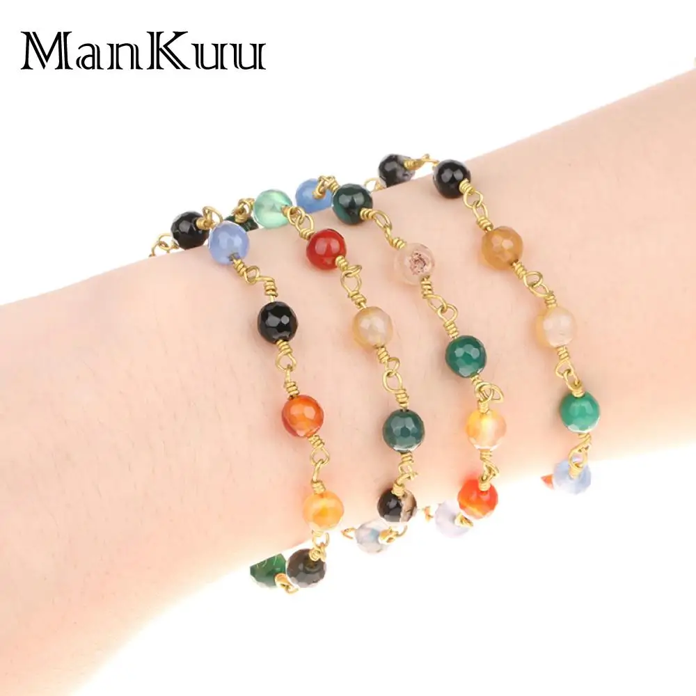 Mankuu 6mm Faceted Rainbow agaty kamienny koralik łańcuchy do różańca tworzenia biżuterii 5 m/partia hurtownie ręcznie robione złoto poszycia koralik łańcuchy