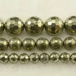 Natural Stone Faceted Iron Pyrite Round Loose Beads 16