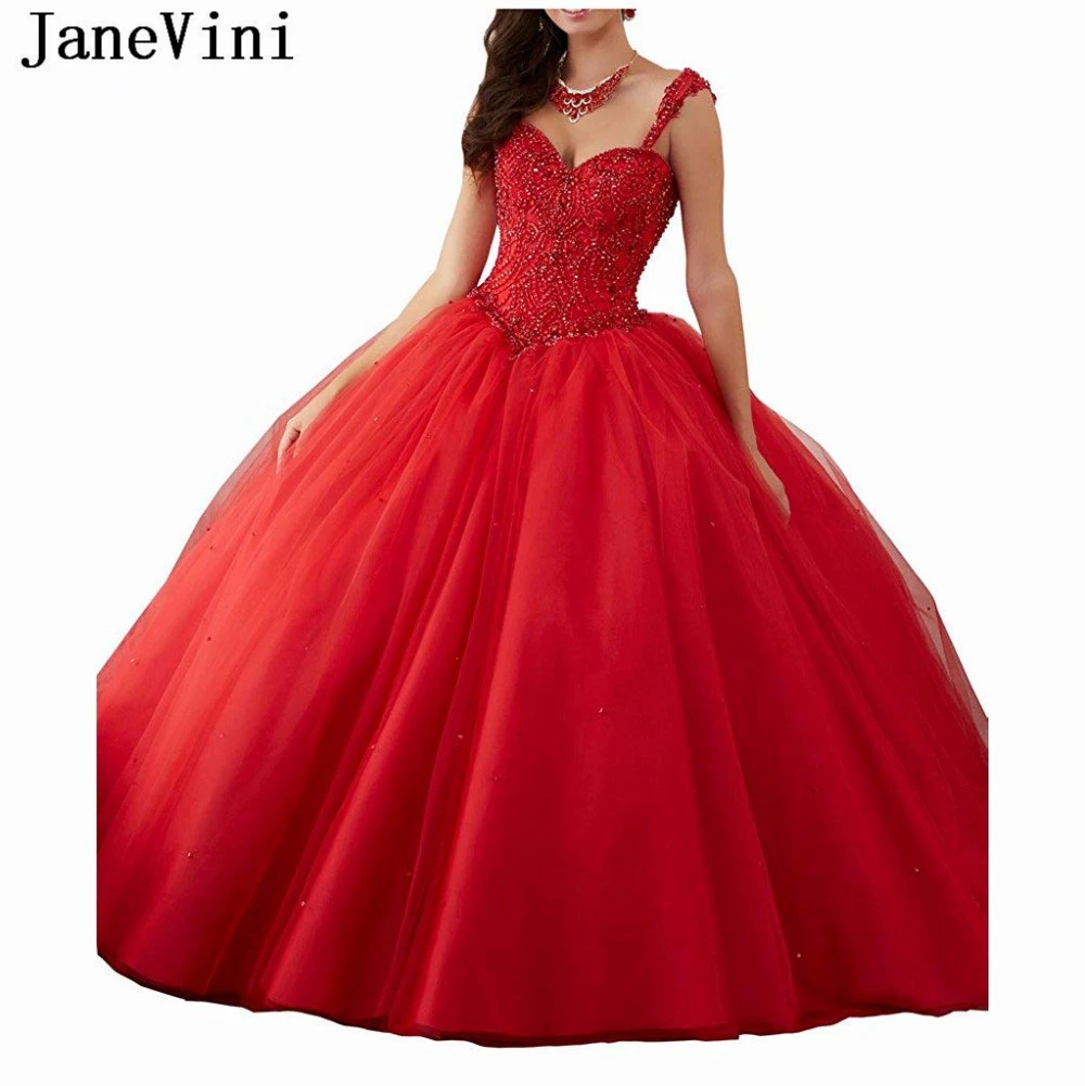 

JaneVini Elegant Ball Gown Red Quinceanera Dresses Spaghetti Straps Luxury Heavy Beaded Backless Puffy Tulle Long Sweet 16 Dress