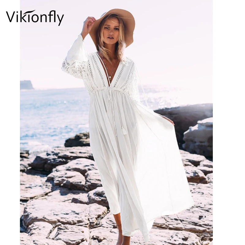 Vikionfly vestido longo de praia para mulheres, biquíni de renda para cobrir biquini verão 2020 túnica