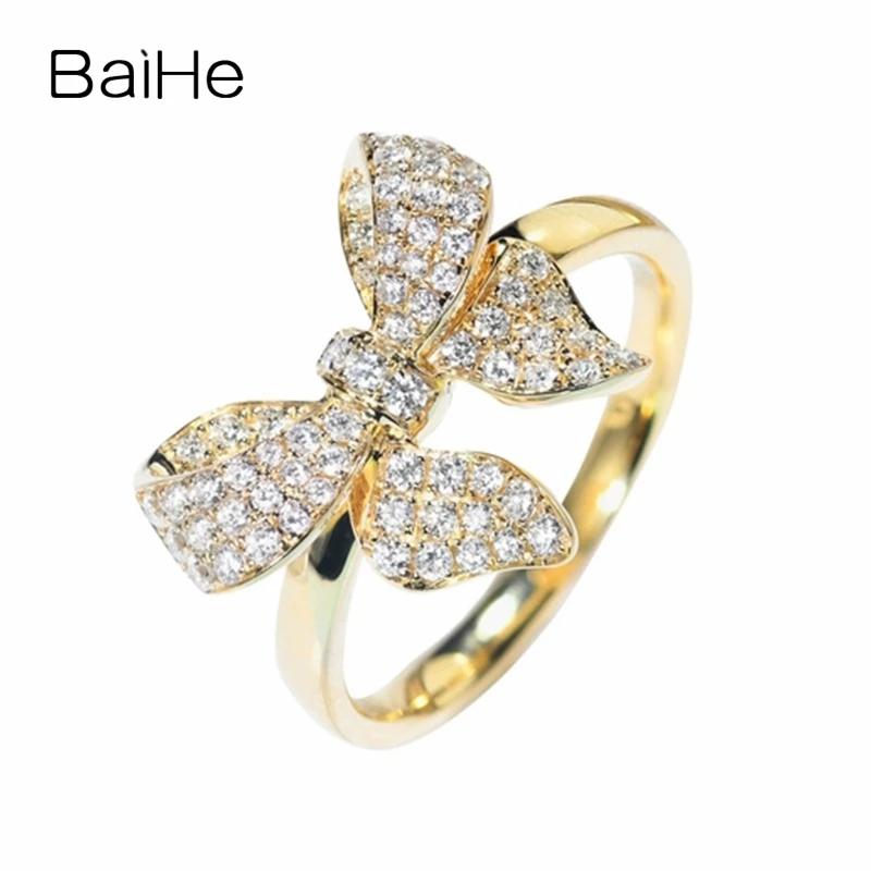 BAIHE Solid 14K Yellow Gold 0.49ct H/SI Natural Diamond Bowknot Ring Women Wedding Trendy Fine Jewelry Making Anillo con lazo