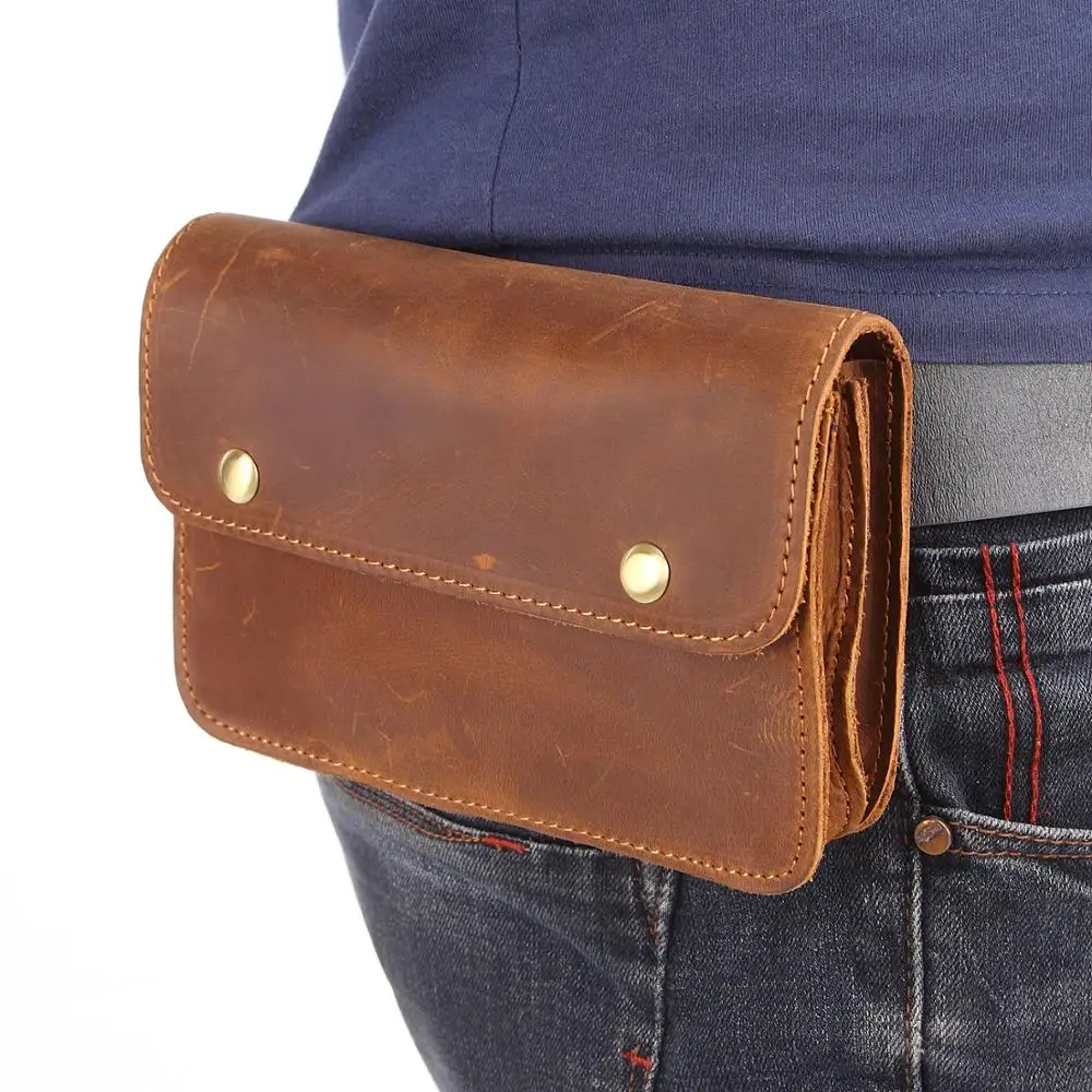 Men\'s Fanny Waist Bag Crazy Horse Genuine Leather Waist Packs Belt Loop Hip Hook Bum Bag Handmade Travel Small Phone Waist Pouch