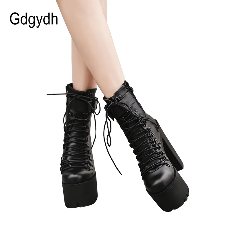 Gdgydh Mode Motorrad Stiefel Frauen Leder Frühling Herbst Metall Schnalle High Heels Schuhe Zipper Schwarz Stiefeletten Frau Schnürung