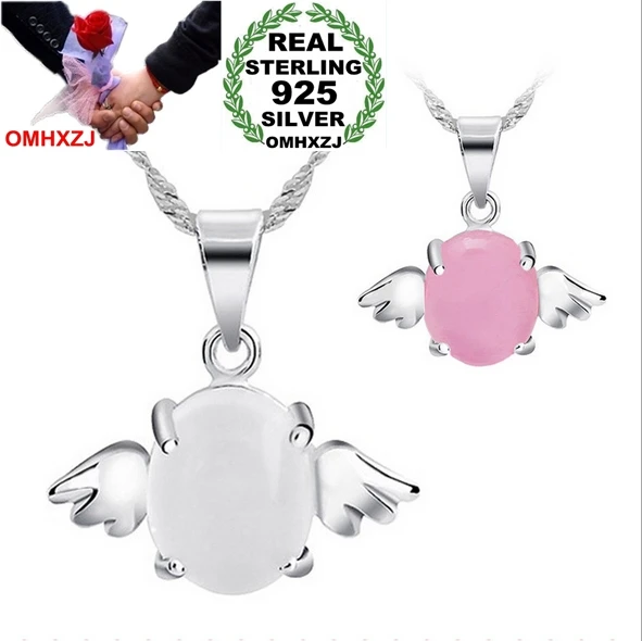 OMHXZJ Wholesale woman Angel wings Pink white Natural opal cat's eye 925 sterling silver NO Chain Necklace pendant Charms PE30