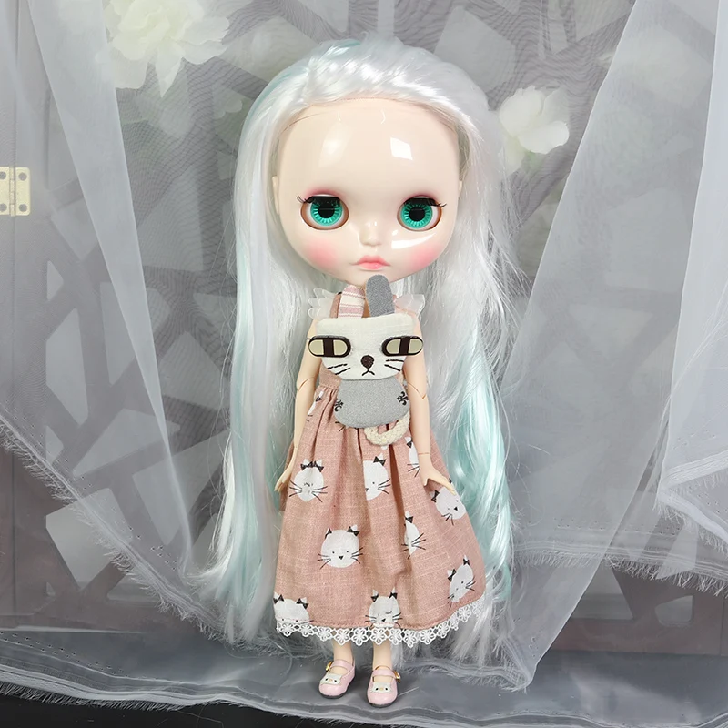 ICY DBS Blyth doll 1/6 white skin joint body white mix blue hair shiny face Carved lips toy bjd