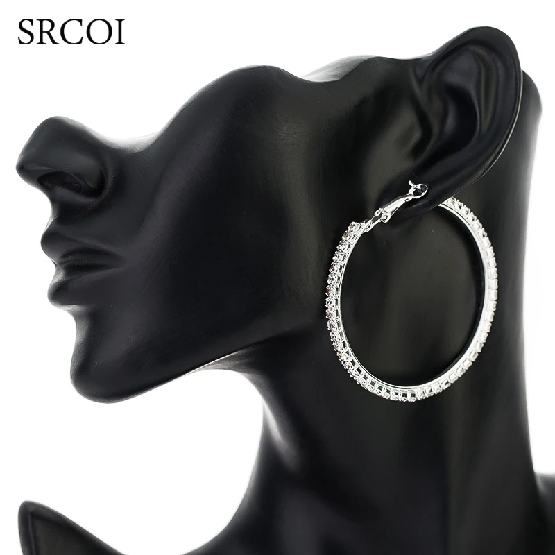 SRCOI 11.11 Fashion Big Crystal Earrings Hoops Large Hoop Earrings Silver Color Oorbellen Rond Creoles For Women Circle Jewelry