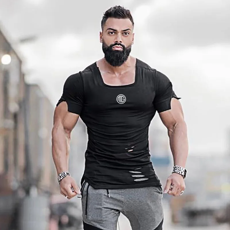 2020 Cotton Men\'s T shirt Vintage Ripped Hole Hip Hop T-shirt Men Fashion Casual Top Tee Men Washed Activewears Fitness Tshirt