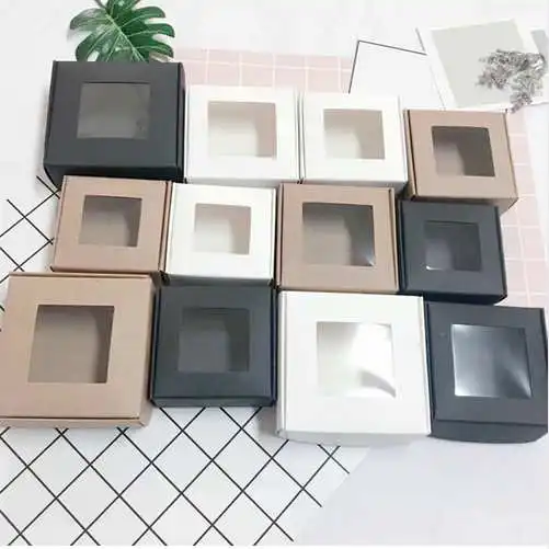 

4 Size Small Brown/white/black Folding Kraft Paper Box With PVC Window Blank Jewelry Handmade Soap Gift Storage Boxes 200pcs/lot