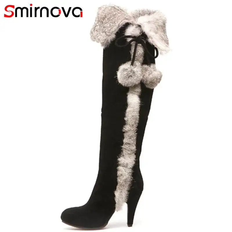 

Smirnova SIZE 34-40 2023 HOT fashion fur+cow suede leather knee high boots women thin high heels pointed toe boots casual shoes