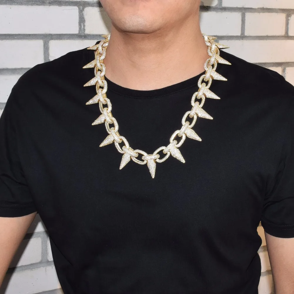 Iced Heavy Punk Rivet Choker Bling Cubic Zircon Men's Hip hop Necklace Jewelry Gold Color Chain 18