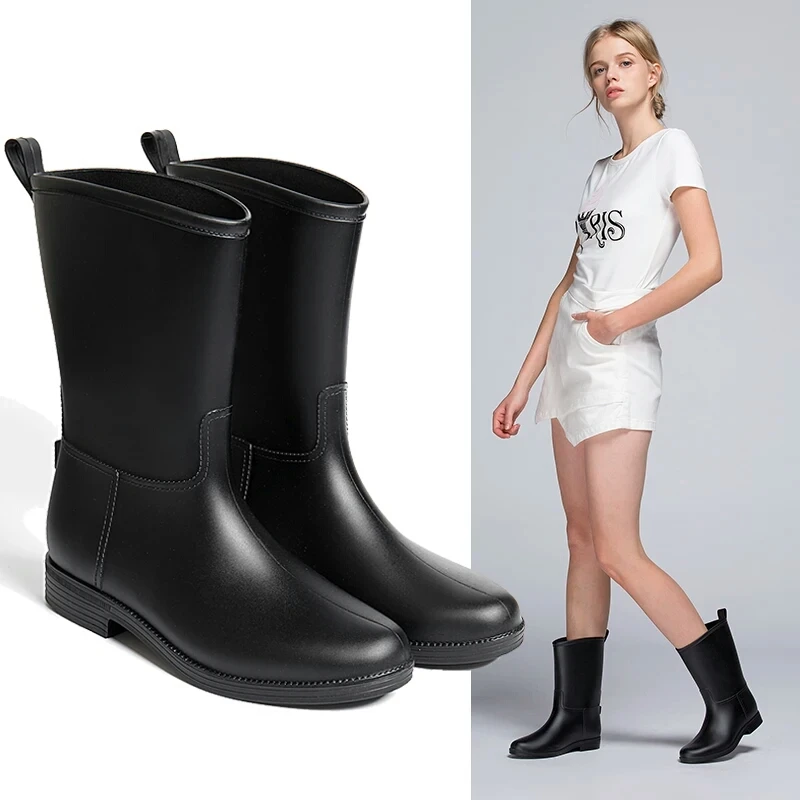 Rouroliu Women Non-Slip Rain Boots Waterproof Water Shoes Slip-on Woman Wellies Mid-Calf Dress Boots RT315