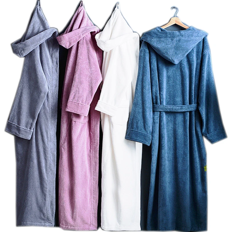 

Autumn Winter Thick Pure Cotton Plain Color Bathrobes Sleepwear Robes Unisex Long-sleeve Absorbent Terry Bathrobe Hooded Pijamas