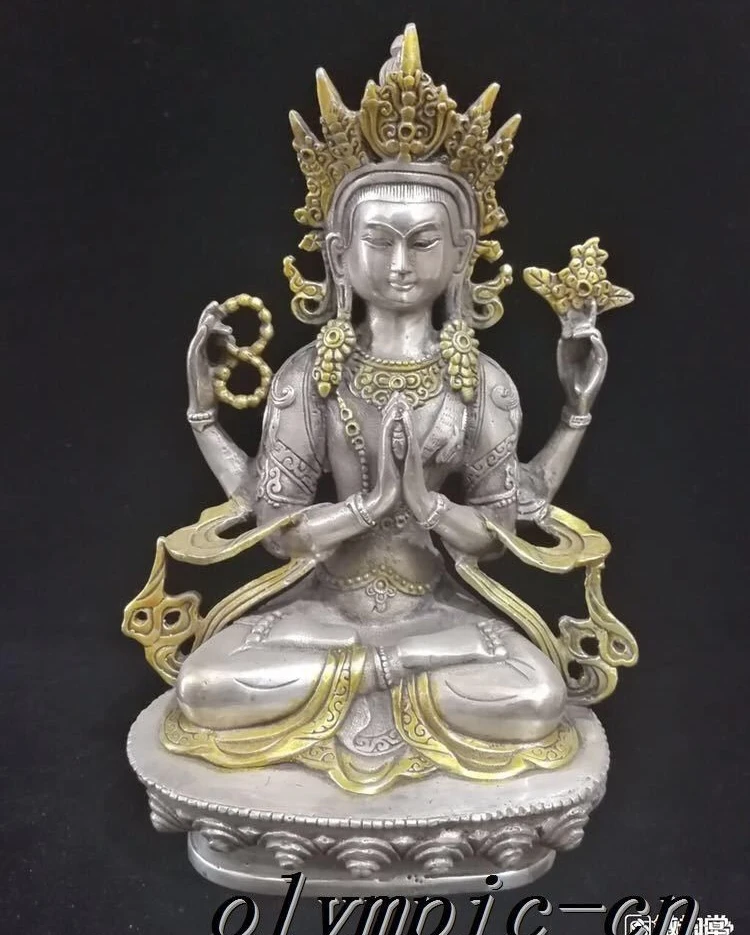 8''Tibetan Silver gold plating carved lotus buddhism Shadakshari Avalokitesvara