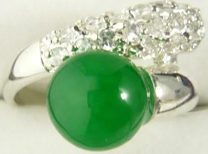 

wholesale noble green Natural JADE silver plated crystal inlay fashion ring(#7.8.9)