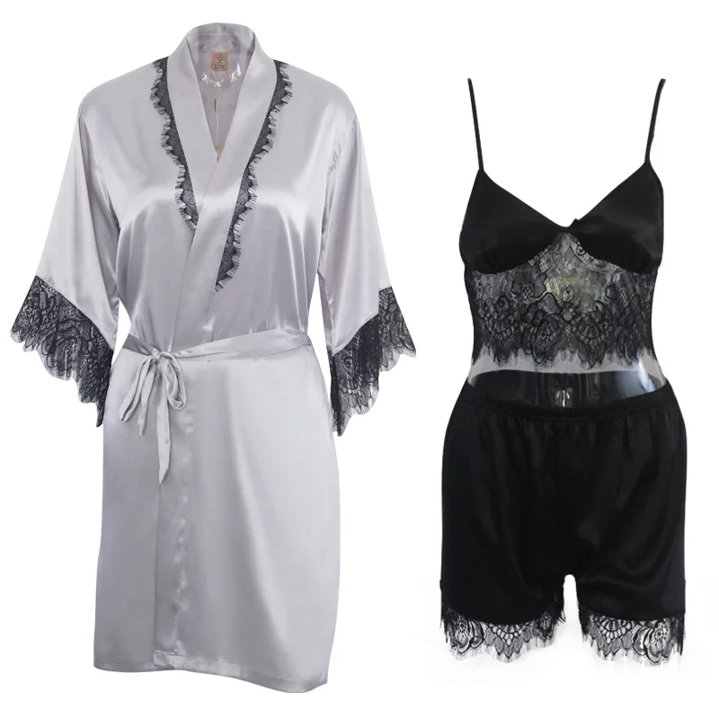 Xifenni Pajama Sets Faux Silk Sleepwear Female Sexy Black Lace Summer Women Pyjamas Three-Piece Ice SILK Home Clothing 3702