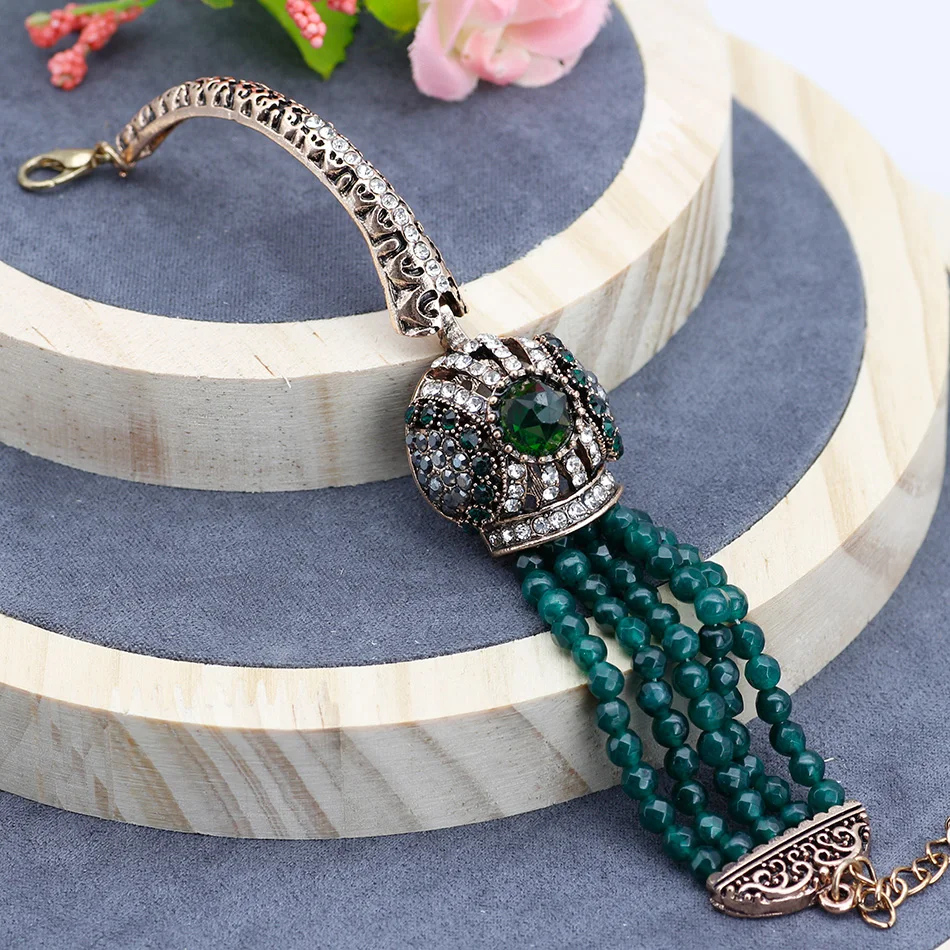 Turkish Red Crystal Charm Bracelets For Women Natural Stone Beads Bangle Cuff Antique Gold Color Fashion Wedding Jewelry
