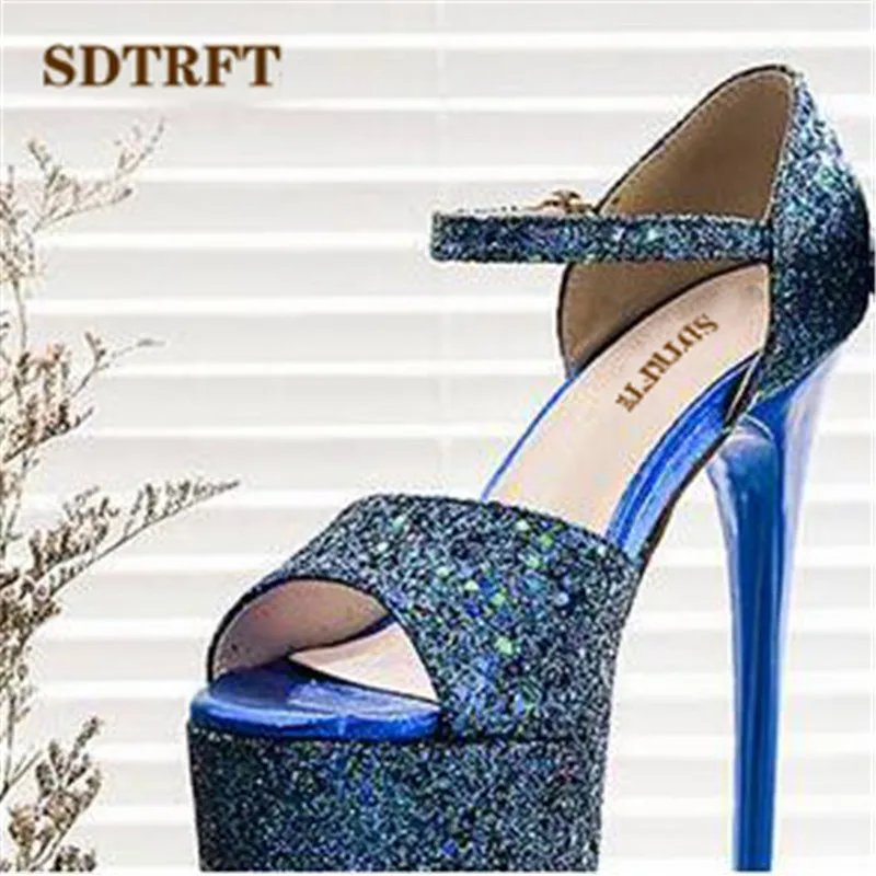 SDTRFT Sequins shoes woman Plus:34-42 43 Summer ladies platforms Pumps Sexy 20cm thin Heels Narrow Band dress Sandals US14 15 16