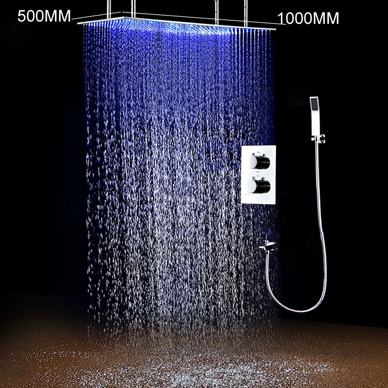 Luxury Shower System Ceiling Large Rain Shower Set 3 Colors Changing LED Temperature Sensor Shower Head  Thermostat Shower Set