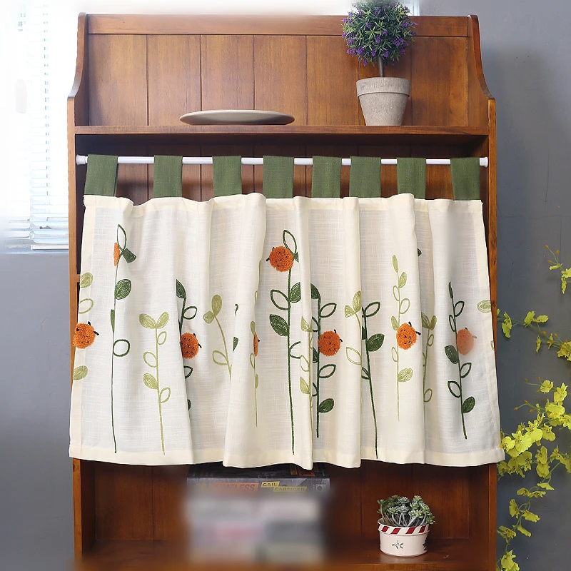 Short Curtain Ladybug Leaves Embroidery Half-Curtain Linen Coffee Small Dustproof Curtain for Kitchen Cabinet Door Tab Top style