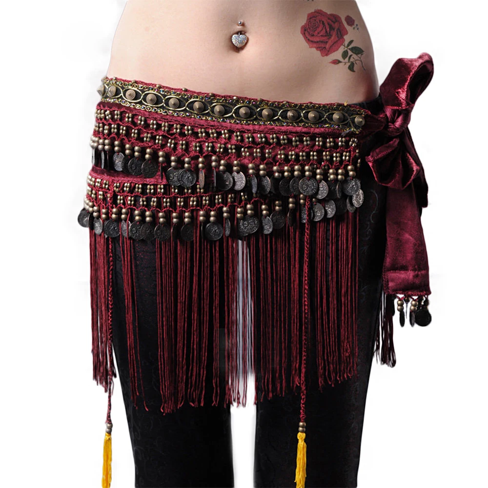 Women Belly Dance Clothing Velvet Tribal Hip Scarf Fringe Belly Dance Bronze Coin Belts