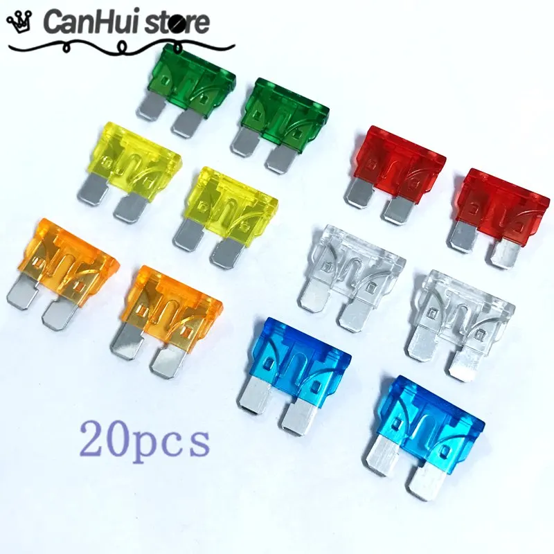 20pcs Automobile Safety Pipe Xenon Lamp Fuse Safety Pipe 1A 5A 7.5A 10A 15A 20A 25A 30A 40A 45A 50A Car Fuse 19*19mm Auto Insert